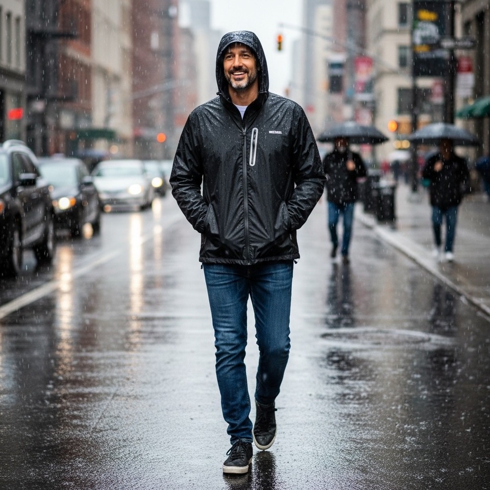 Swisswell Mens Rain Jacket 2XL Black Hooded Waterproof Windbreaker Shell Reflect